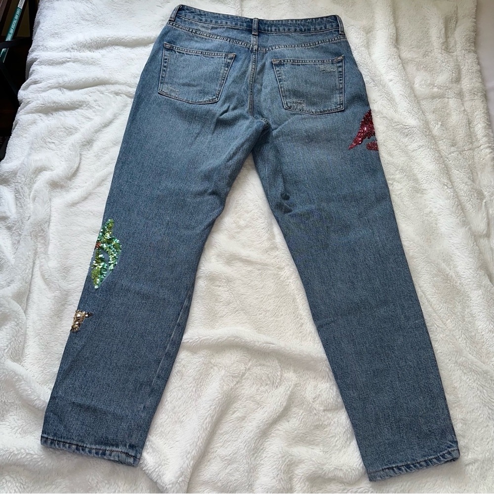Topshop Flamingo Sequin Moto Mom Jeans Size 30 High Waisted Denim Fun Palm Tree - Picture 7 of 13